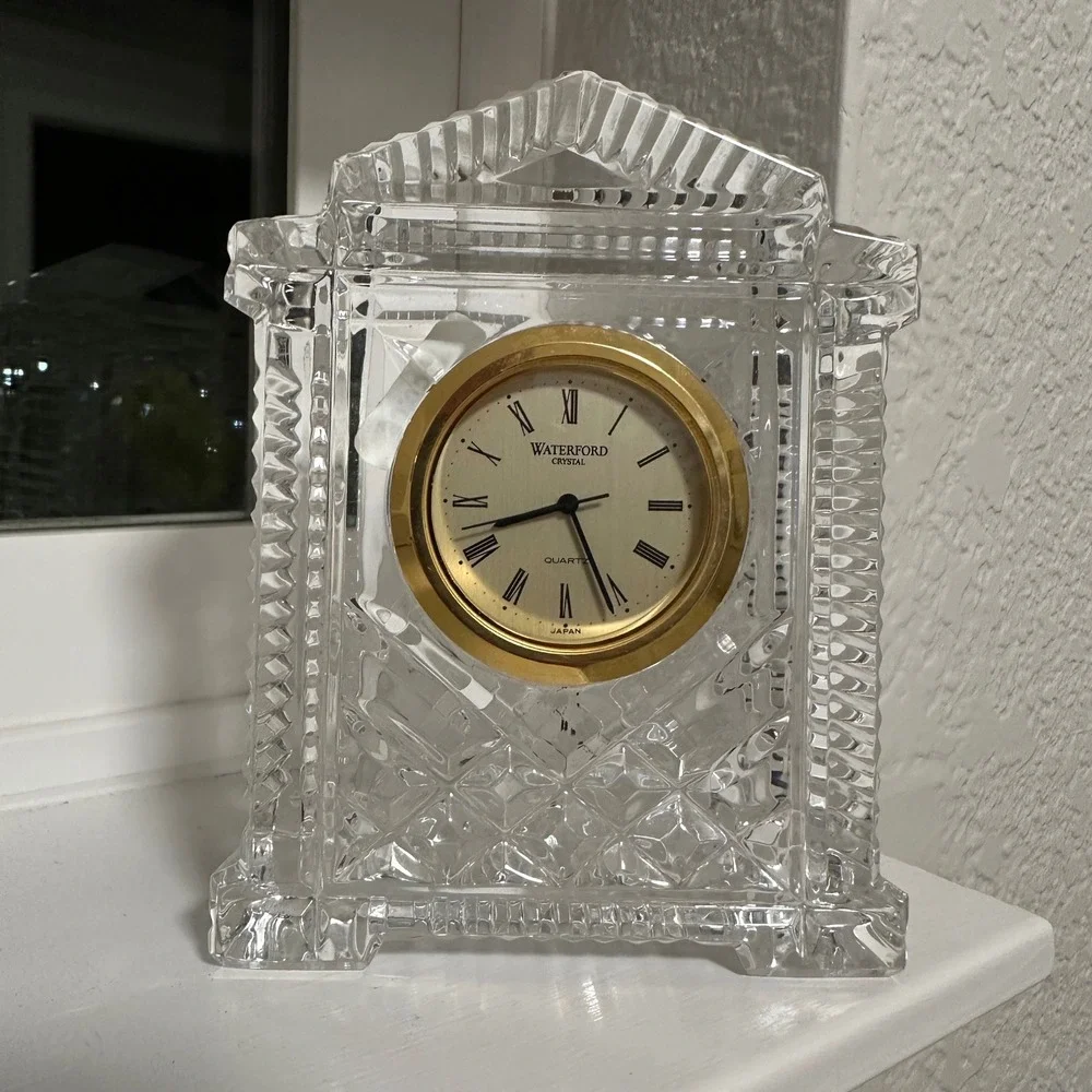 Waterford Crystal Mantel Clock Gold Roman Numeral Quartz Desk Accessory 4.25in